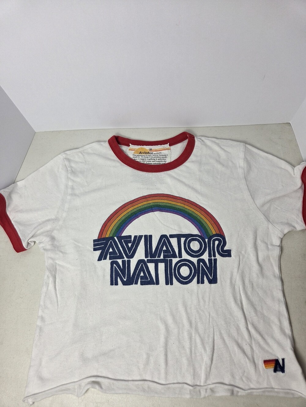 Aviator Nation 70s Boyfriend Ringer Tee White Red Rainbow Graphic Size Medium M